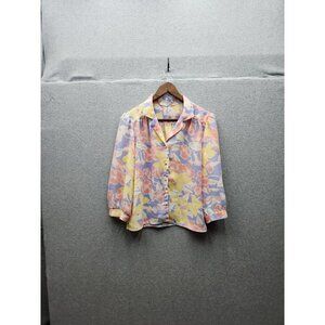 Vintage Deborah Barry Floral Button-Up Blouse With Pastel Yellow & Pink Print Li